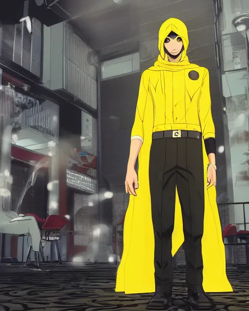 Prompt: Young Arabian half-wolf. Dressed in yellow cloth. Portrait in Persona 5, Persona 5 style, anime