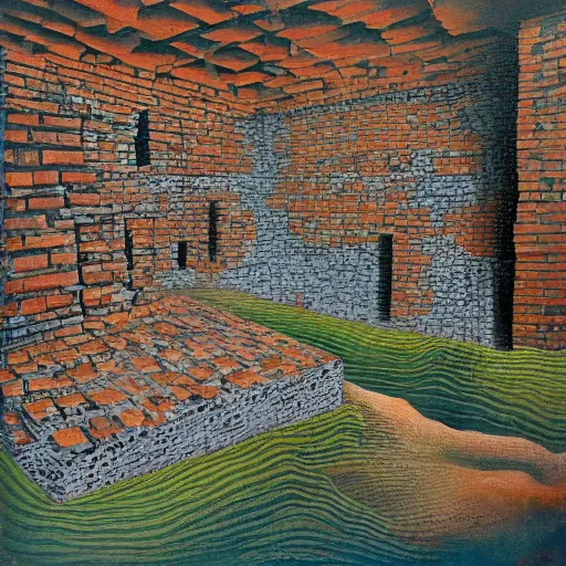 Prompt: a vivid surrealist painting of a melting, gooey, stone ruin, the walls are wavy and slowly melting under the heat of the sun. made of melting bricks on a hill in the mountains and forest on a scorching hot day, in the style of dali