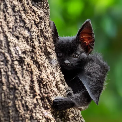 Image similar to a bat kitten, in a tree, Canon EOS R3, telephoto, very detailed, 4k