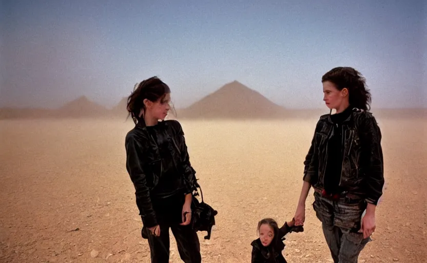 Image similar to cinestill 5 0 d photographic portrait by helen levitt of a white and mixed female android adult couple wearing rugged black techwear on a desolate plain of america, extreme closeup, modern cyberpunk, dust storm, 8 k, hd, high resolution, 3 5 mm, f / 3 2, ultra realistic faces, intricate detail, ex machina