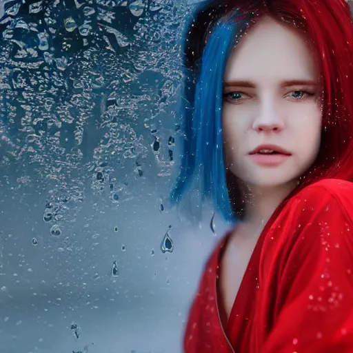 Prompt: a beautiful girl with long blue hair in a ponytail, with bangs, pale skin, yellow eyes, fully clothed in red robes, highly detailed, 8 k, octane render, professional portrait, realistic oil painting, rainy window, volumetric lighting, water droplets frozen in time, sprites, god rays,