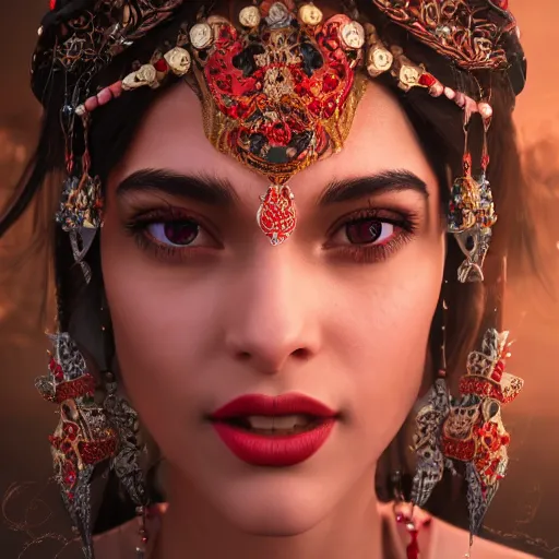 Image similar to photograph of wonderful princess with smooth fair skin, alluring eyes, red jewelry, breathtaking, elegant, ornate, intricate, hyper detailed, accent lighting, dramatic light, 4 k octane render