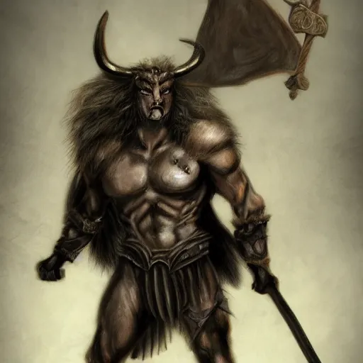 Prompt: a noble, fierce Minotaur warrior with black fur, carrying a battleaxe, fantasy drawing, concept design