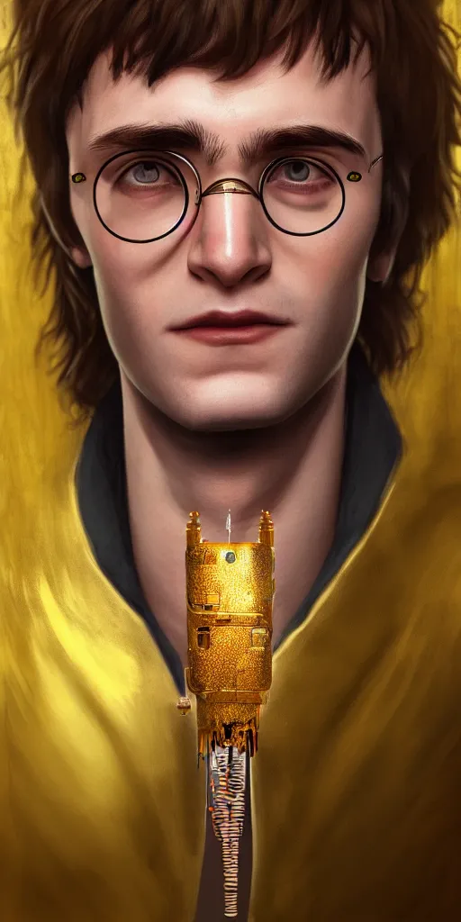 Image similar to Portrait of a harry potter with cyberpunk implant, elegant, photorealistic, highly detailed, artstation, smooth, sharp focus, gold ornaments, neon lighting, sci-fi, art by Klimt