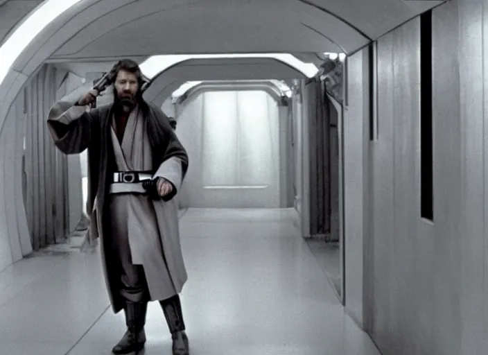 Image similar to Still of Clint Eastwood as Obiwan kenobi with his light saber in the death star corridors in Star Wars (1977)