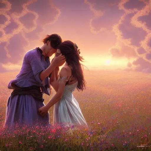 Image similar to long distance shot of a young couple hugging each other in a flower field at sundown, D&D, fantasy, intricate, elegant, highly detailed, digital painting, artstation, concept art, matte, sharp focus, illustration, hearthstone, art by Artgerm and Greg Rutkowski and Alphonse Mucha
