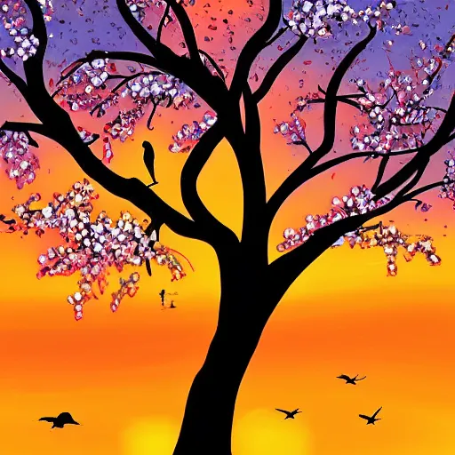 Image similar to birds on cherry tree, serene, graceful, sunset at golden hour, digital painting, Dada