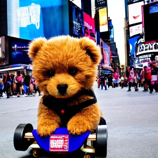 Image similar to a teddy puppy on a skateboard in times square