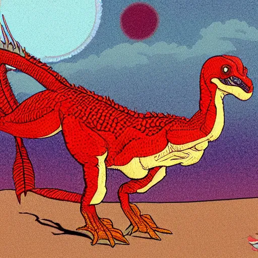 Image similar to red velociraptor on a magnificent colorful planet moebius style