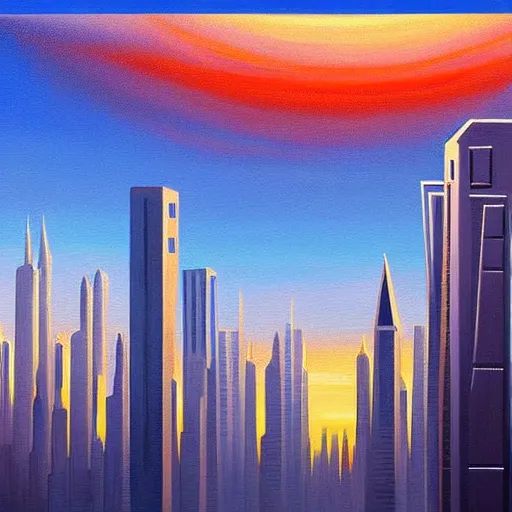 Image similar to this painting is a cityscape done in the style of precisionism. the buildings are all rendered with sharp lines and angles, and the overall effect is one of cleanliness and order. there is a strong sense of geometric shapes in the composition, overall effect is one of calm and serenity, featured on deviantart, space art, matte painting, apocalypse landscape, apocalypse art