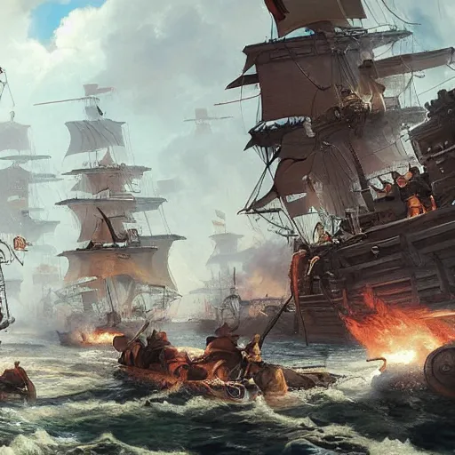 Image similar to close up of biggest pirate battle ever, realistic shaded, fine details, realistic shaded lighting poster by greg rutkowski