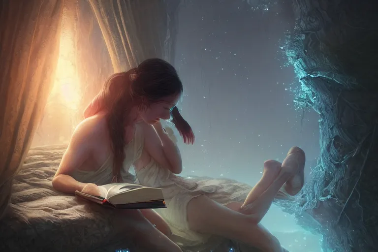 Image similar to breathe into euphoria, a girl reading a book, altered carbon, dreamy ethereal vibe, atmospheric, detailed intricate render, fibbonacci, detailed illustration, hd, 4 k, digital art, overdetailed art, surrealistic, by greg rutkowski, by loish, laura sava, slavic traditional trending on artstation, deviantart