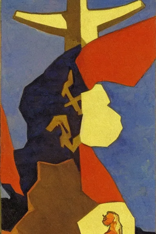 Image similar to thor with mjollnir, marvel, artwork by nicholas roerich,