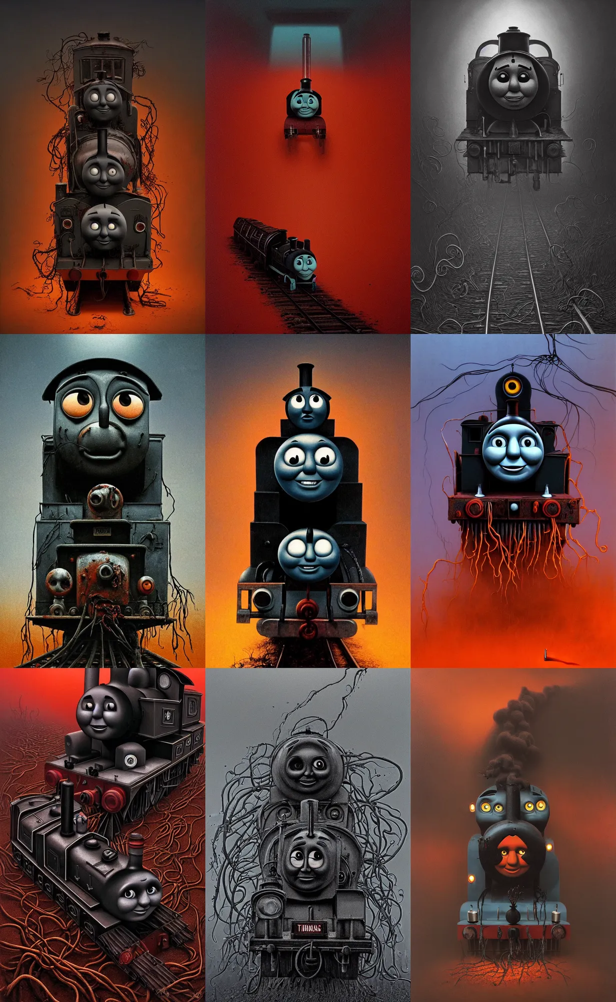 Image similar to thomas the tank engine in style of zdzisław beksinski, extremely dramatic lighting, 8 k, tendrils, black, darkness, black slime tendrils, infected, rust, body horror, thomas the train, thomas the tank engine face, horror,