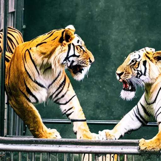 Image similar to lion and a tiger roaring in cage at the zoo wearing hats