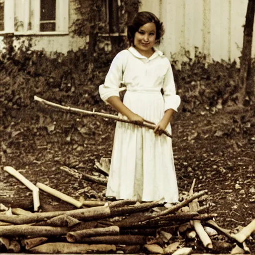 Image similar to a middle-school girl with short brown hair wearing a white dress and holding a bundle of firewood, high resolution film still