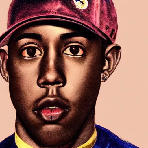 Image similar to closeup portrait shot of tyler the creator wearing a ups uniform, intricate, cool, highly detailed, centered, digital painting, artstation, concept art, smooth, sharp focus, illustration, artgerm,