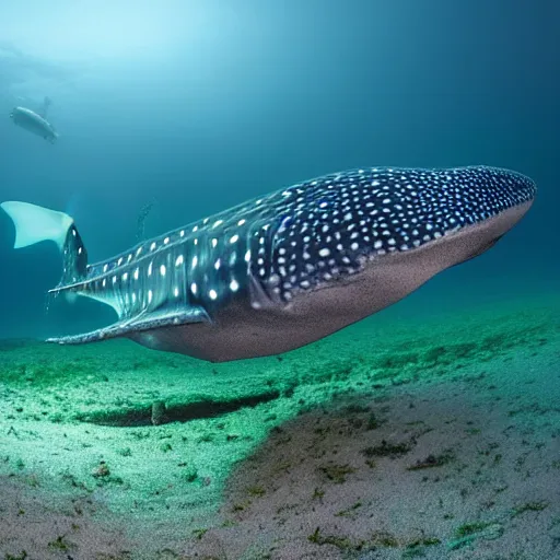 Image similar to a bioluminescent whale shark deep under the sea, award winning nature photography