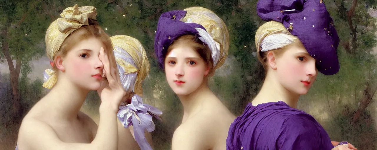 Prompt: A painting of many mysterious girls with short blond hair wearing an oversized purple Beret, Baggy Purple overall shorts, Short Puffy pants made of silk, silk shoes, a big billowy scarf, Golden Ribbon, and white leggings Covered in stars. Short Hair. Sunlit. Haute Couture.Art by william-adolphe bouguereau and Paul Delaroche and Alexandre Cabanel and Lawrence Alma-Tadema. Smooth. Elegant. Highly Detailed. Intricate. 4K. UHD. Denoise.