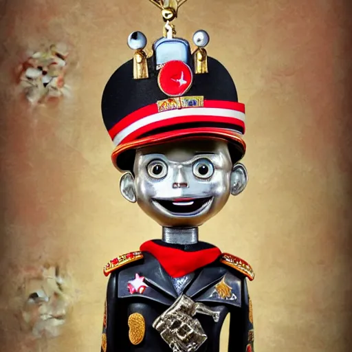 Prompt: portrait of tin toy army general with maniacal smile, 5 star general by mark ryden, breathtaking, 8 k resolution, extremely detailed, beautiful