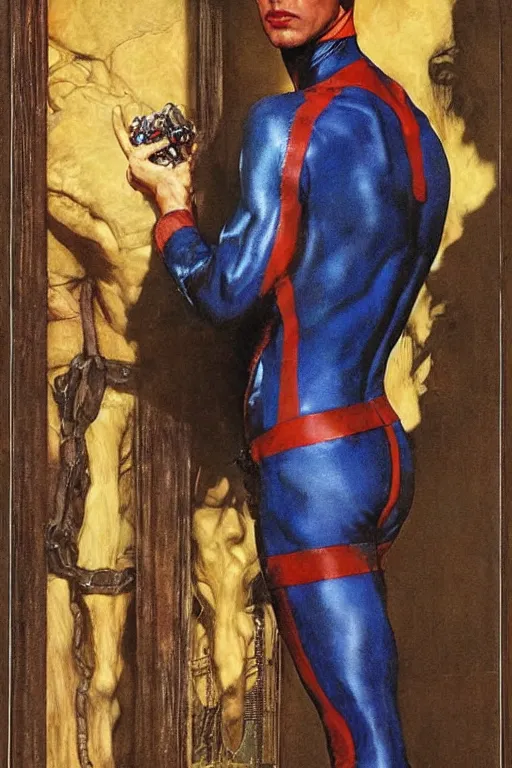 Image similar to full length portrait of udo kier as marvel nightcrawler by lawrence alma tadema, rick berry, norman rockwell, jason fabok. greg staples, nc wyeth, jack kirby, tom lovell