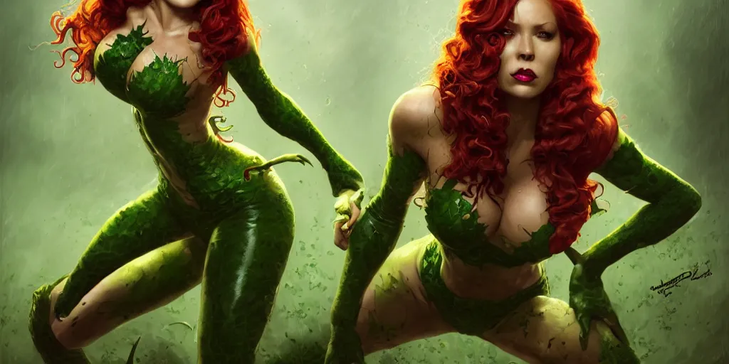 Prompt: poison ivy DC comics battle fighting killer croc DC comics, medium shot, action and battle pose, illustration, symmetrical face and body, realistic eyes, artstation, cinematic lighting, hyperdetailed, detailed realistic symmetrical eyes, cgsociety, 8k, high resolution, Charlie Bowater, Tom Bagshaw, Norman Rockwell, insanely detailed and intricate, sewer background