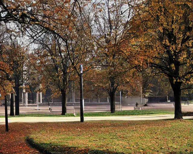Image similar to a park with trees and buildings in the background, a photo by zlatyu boyadzhiev, deviantart, danube school, panorama, 1 9 9 0 s, creative commons attribution