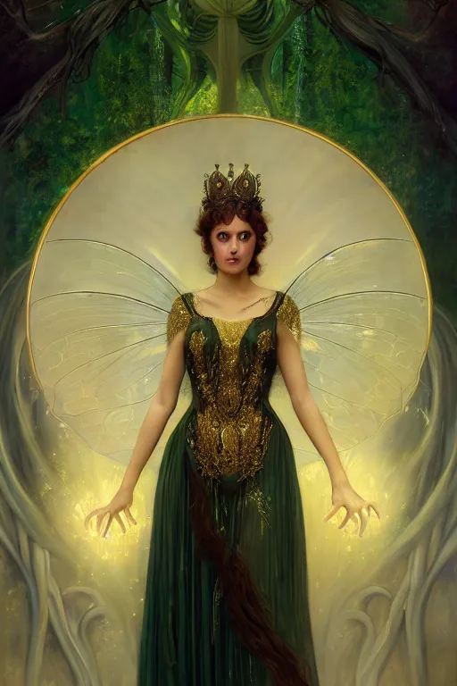 Image similar to a portrait of elegant beautiful queen of the dark fairies, gossamer wings, gold-green eyes, illustration, dramatic lighting, soft details, painting oil on canvas, art nouveau, octane render, HDR, 4k, 8k, HD, by Edmund Blair Leighton, Brom, Charlie Bowater, trending on artstation, faces by Otto Schmit