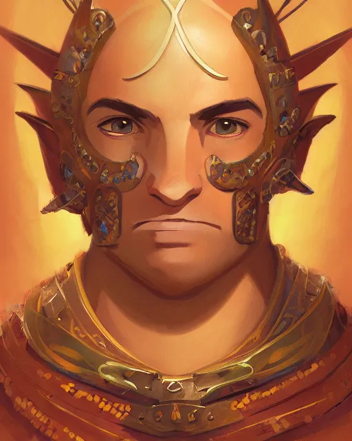 Image similar to portrait of a spanish conquistador wearing ornate armor, by daniel zrom and disney concept artists and studio ghibli, treasure planet movie color scheme, symmetric, handsome, golden ratio, jungle