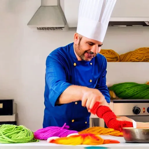 Image similar to italian chef cooking a plate of colorful yarn like spaghetti