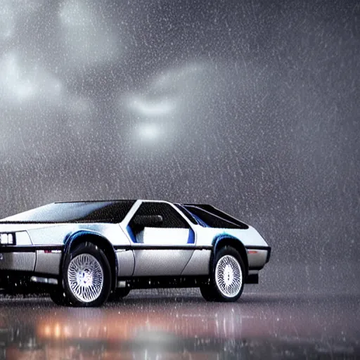 Image similar to hyperdetailed, photorealistic photograph of a dmc 1 2 delorean driving in the streets, rain, night, dense fog, hd, unreal engine 5