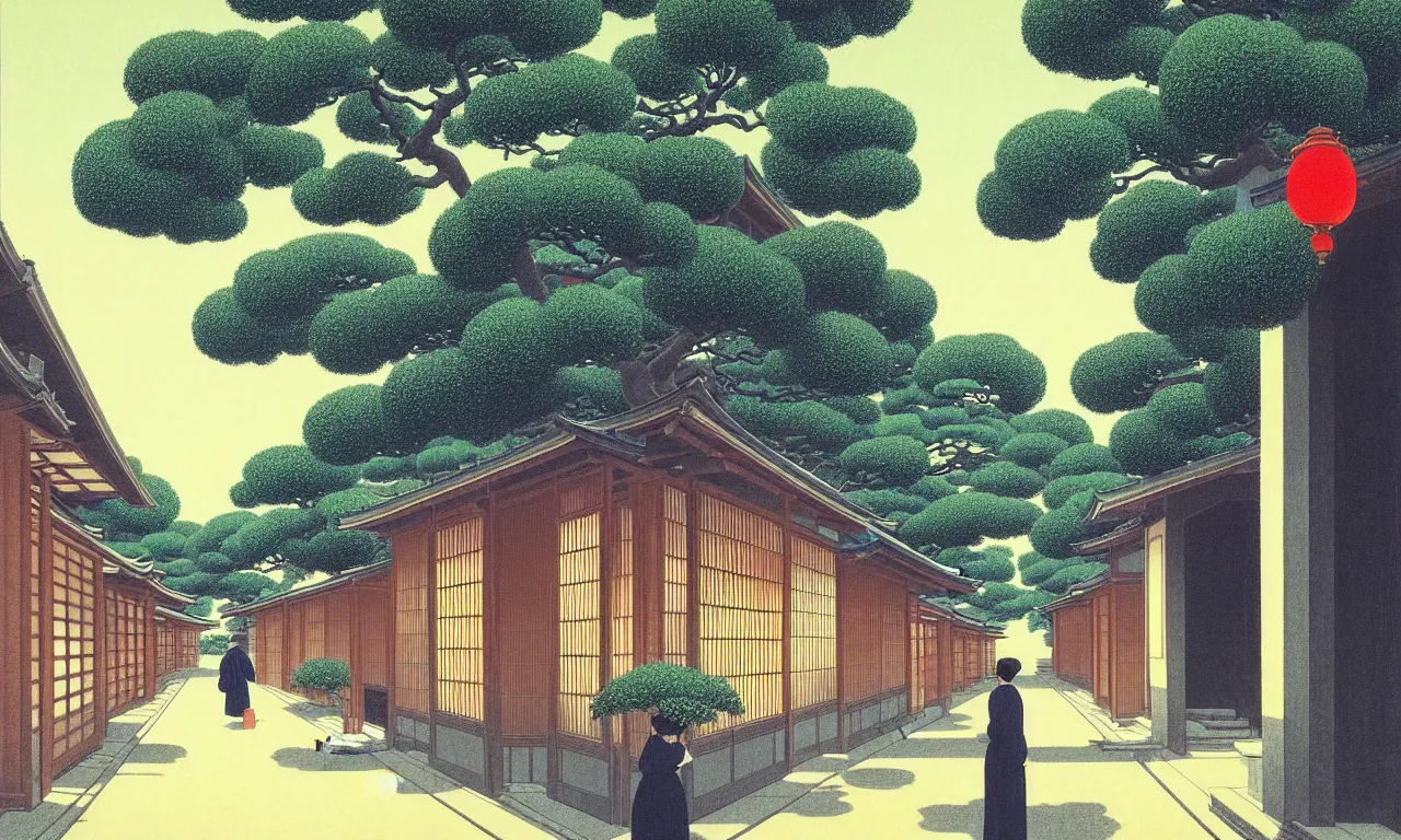 Image similar to an achingly beautiful print of a quiet street in Kyoto Japan with temples and plants, water fountains, magical details, by Raphael, Hopper, and Rene Magritte. detailed, romantic, enchanting, trending on artstation.