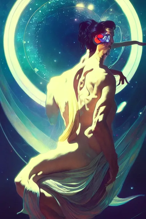 Image similar to alan watts floating in the universe full body painting highly detailed dramatic lens lighting by artgerm and greg rutkowski and alphonse mucha and simon stalenhag artstation