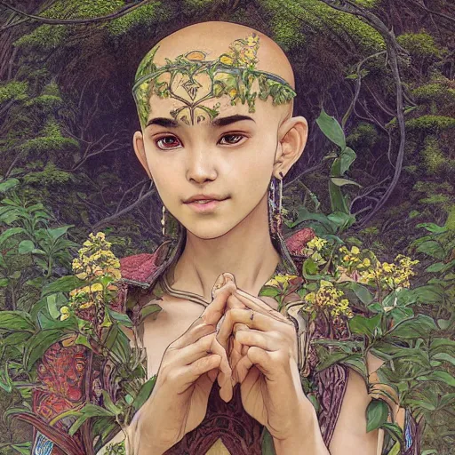 Image similar to intricate detailed portrait painting of aang on a beautiful forest meadow, temple ruins surrounded by lush forest, afternoon, intricate, elegant, highly detailed, digital painting, sharp, focus, illustration art by artgerm and greg rutkowski and alphonse mucha