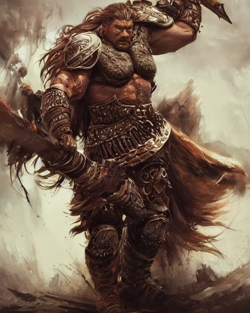 Prompt: Official photo of a majestic fierce barbarian man, leader, strong, highly detailed, cinematic, 16k, 1080s, by Stanley Artgermm, Tom Bagshaw, Greg Rutkowski, Vincent di Fate, Carne Griffiths, Ayami Kojima, WLOP, trending on DeviantArt, hyper detailed, full of color, digital art,