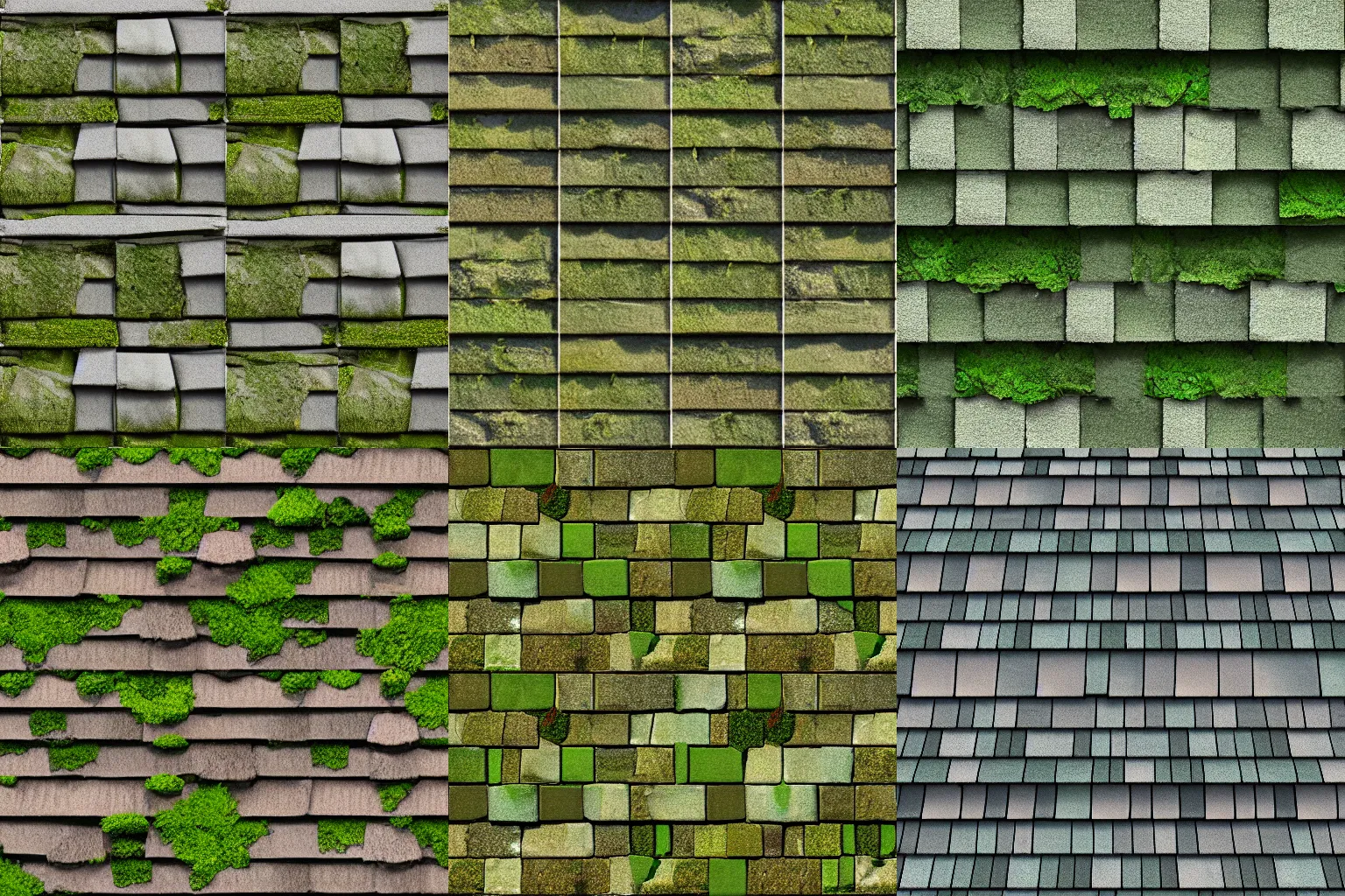 Prompt: roofing tiles texture, medieval, overgrown with plants and moss, photo 3d, substance designer, seamless, plain view