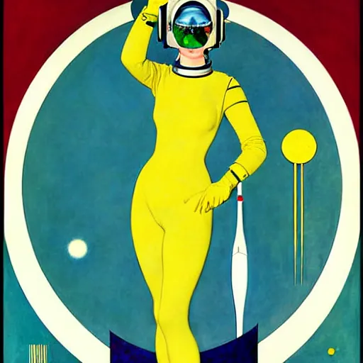 Image similar to art by coles phillips, eva green as a french astronaut from the year 2 5 0 0, blonde hair, blue makeup, green eyes, shiny helmet, mucha, kandinsky, art deco, dark deco,