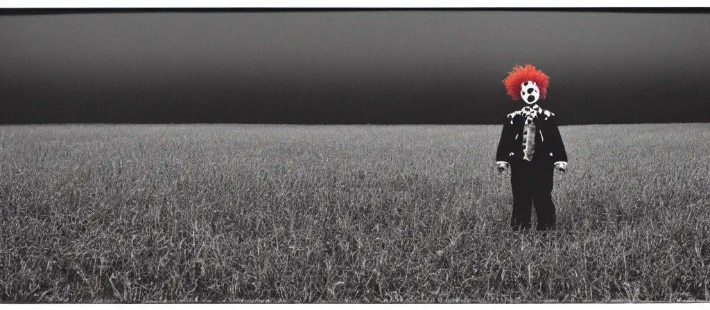 Image similar to circa 2 0 0 2 1 3 mm color film photograph of a clown in a field, liminal, dark pitch black, flash on, blurry, grainy, unsettling