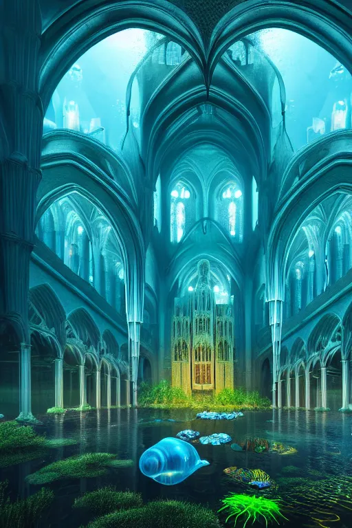 Prompt: hyperrealistic precisionist cinematic underwater dystopian neo - gothic cathedral ruins with giant luminescent colorful aquatic plants and jellyfish, digital art masterpiece, aykut aydogdu eric zener, dramatic volumetric light, long shot, low angle uhd 8 k, sharp focus