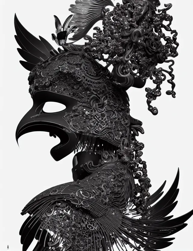 Image similar to 3 d goddess close - up profile portrait biomechanics with ram skull. beautiful intricately detailed japanese crow kitsune mask and clasical japanese kimono. betta fish, jellyfish phoenix, bio luminescent, plasma, ice, water, wind, creature, artwork by tooth wu and wlop and beeple and greg rutkowski