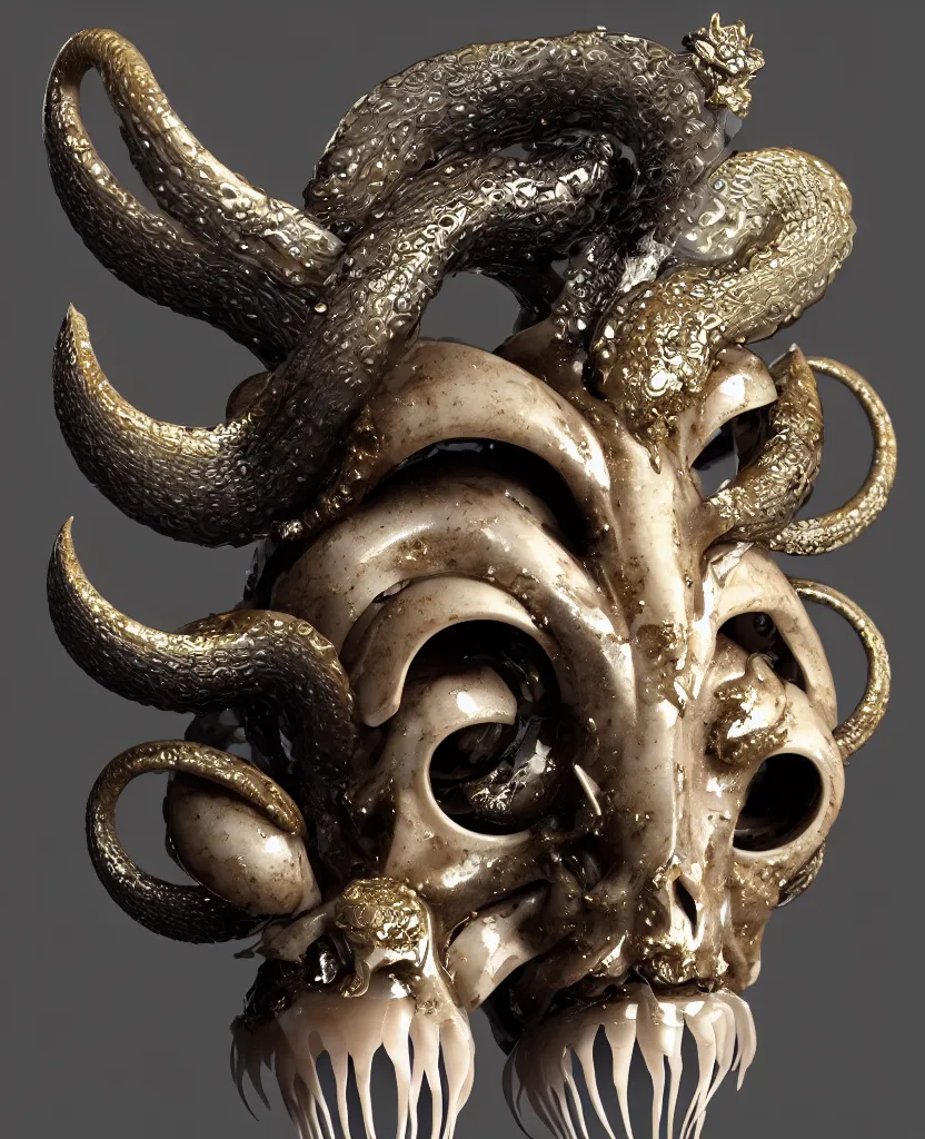 Image similar to goddess princess face close-up portrait ram skull. sculpture made of polished gold and matte obsidian. jellyfish phoenix head, nautilus, orchid, skull, betta fish, bioluminiscent creatures, intricate artwork by Tooth Wu and wlop and beeple. octane render, trending on artstation, greg rutkowski very coherent symmetrical artwork. cinematic, hyper realism, high detail, octane render, 8k