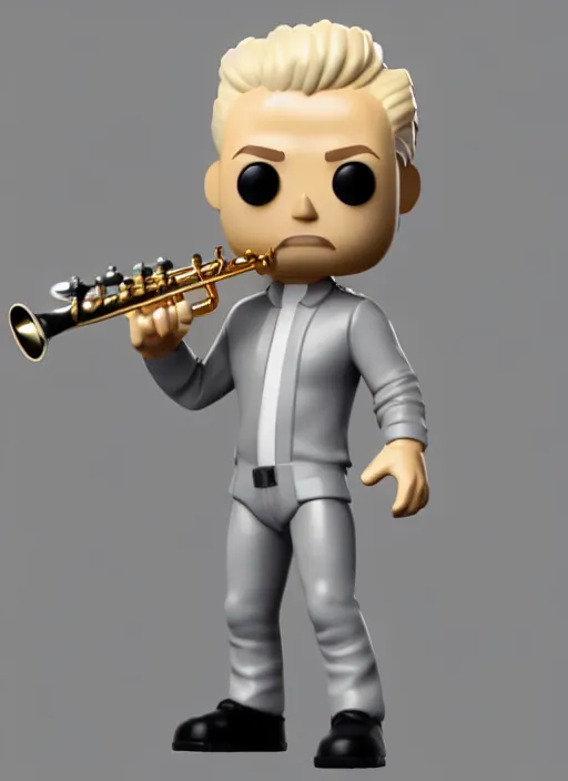 Image similar to full body 3d render of blond futuristic man playing sax as a funko pop!, studio lighting, grey background, single body, no shadow, blender, trending on artstation, 8k, highly detailed