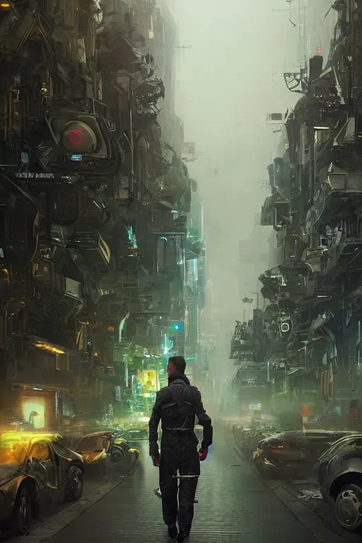 Prompt: a portrait of a small cyborg standing in the middle foreground walking in the street of a great green mechanical city by Greg Rutkowski, Sung Choi, Mitchell Mohrhauser, Maciej Kuciara, Johnson Ting, Maxim Verehin, Peter Konig, final fantasy , mythical, 8k photorealistic, cinematic lighting, HD, high details, atmospheric,