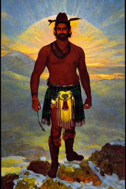 Prompt: a symmetrical homoerotic tarot card of a handsome shirtless desi adventurer wearing a scottish tartan kilt on a snowy mountain peak, by raja ravi varma. he has a cowboy hat and boots. background is a stained glass golden sunrise. art deco, art nouveau. by louis comfort tiffany, by albert bierstadt. trending on artstation.
