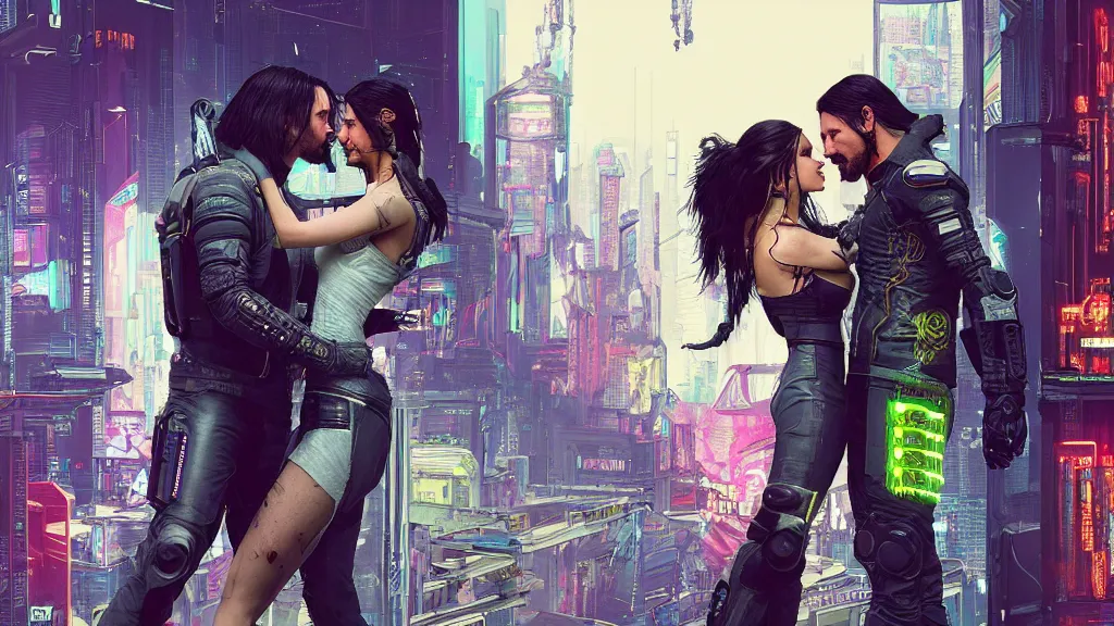 Image similar to a cyberpunk 2077 srcreenshot couple portrait of Keanu Reeves and a female android final kissed in night city,love,romantic,film lighting,by Lawrence Alma-Tadema,Andrei Riabovitchev,Laurie Greasley,Dan Mumford,John Wick,Speed,Replicas,artstation,deviantart,FAN ART,full of color,intricate,concept art,smooth,elegant,Digital painting,illustration,sharp focus,face enhance,highly detailed,8K,octane,golden ratio,cinematic lighting