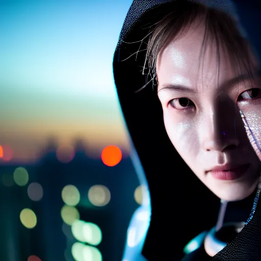 Image similar to photographic portrait of a techwear woman, closeup, on the rooftop of a futuristic city at night, sigma 85mm f/1.4, 4k, depth of field, high resolution, full color