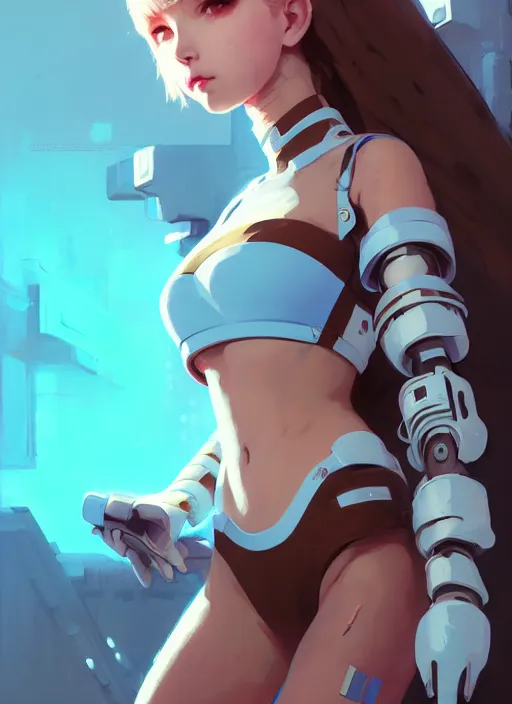 Image similar to portrait of cute maiden girl in cyber bikini armor, face by ilya kuvshinov, warhammer, cyberpunk, by atey ghailan, by greg rutkowski, by greg tocchini, by james gilleard, by joe fenton, by kaethe butcher, dynamic lighting, gradient light blue, brown, blonde cream and white color in scheme, grunge aesthetic