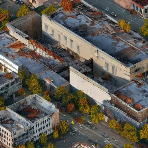 Prompt: top down aerial view of dilapidated high school with office buildings in the streets in real life, desolate with zombies, dilapidated, zombies in the streets, nightmarish, some rusted style parked vehicles, sunny weather, few clouds, volumetric lighting, photorealistic, daytime, autumn, sharp focus, ultra detailed, cgsociety