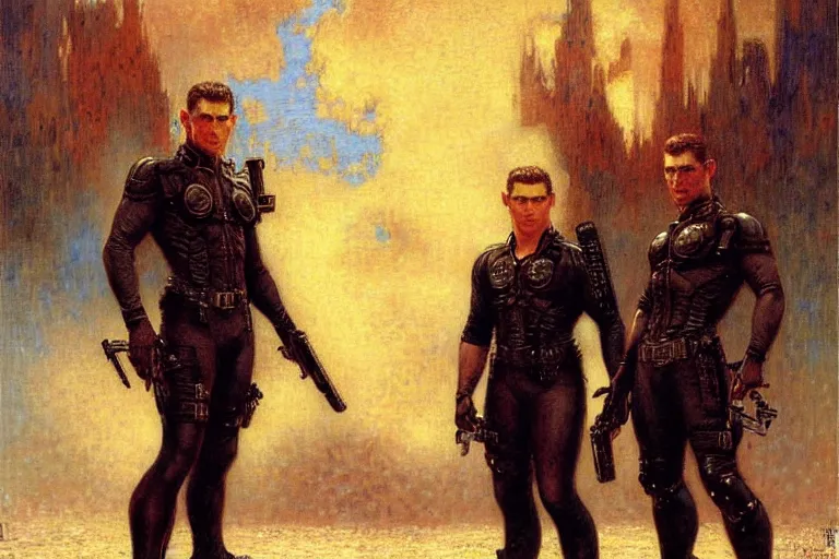 Image similar to albert wesker and chris redfield, painting by gaston bussiere, jean giraud