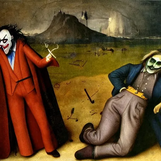 Prompt: portrait of the joker, joker is laughing, joaquin phoenix as joker, drama, chaos matte painting by hieronymus bosch and zidislaw beksinsky